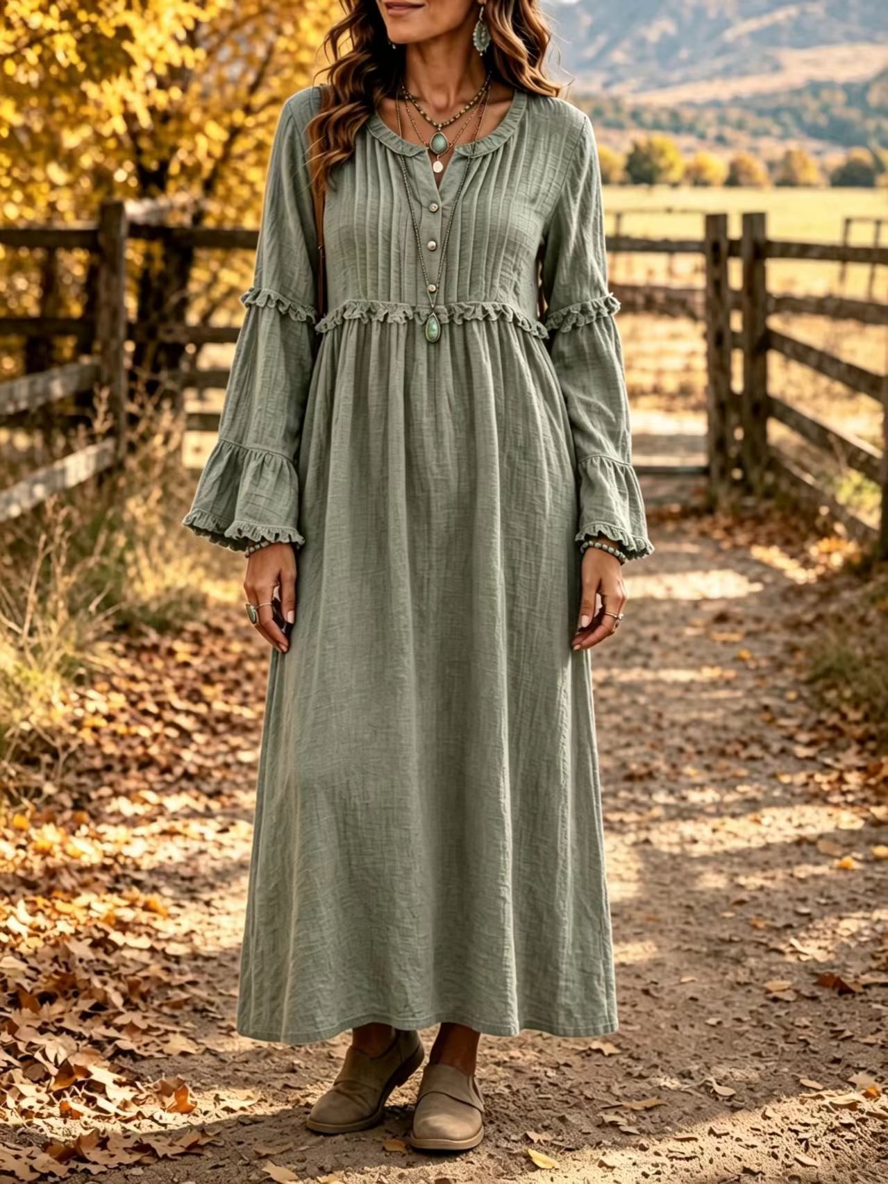 Lace Trim Fringe Button Loose Casual Dress