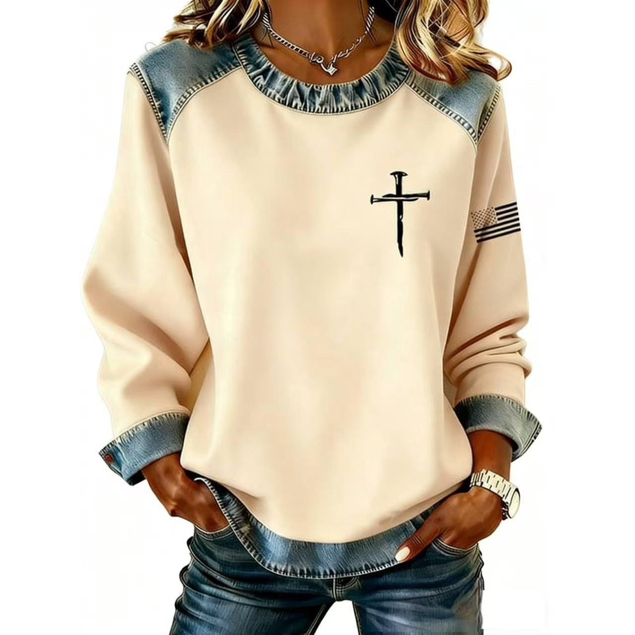 Denim Collar Colorblock Knit Pullover Sweater