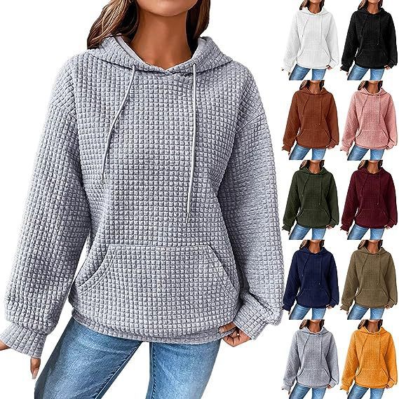 Women's Waffle Knit Hooded Pullover Sweatshirt Solid Color Long Sleeve