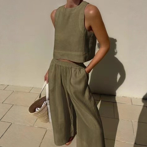 Women's Sleeveless Cotton-Linen Wide-Leg Pants and Tank Set