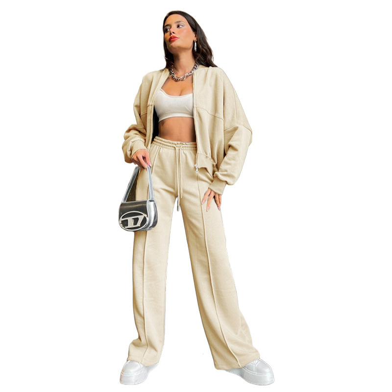 Women's Solid Zip-Up Hoodie and Straight-Leg Pants Set