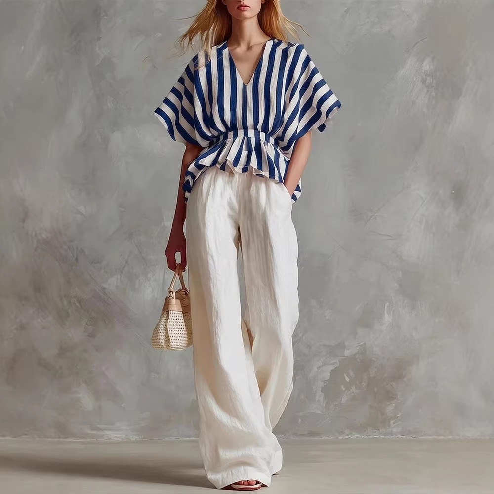 Red and White Striped Top with White Wide-Leg Pants Two-Piece Set