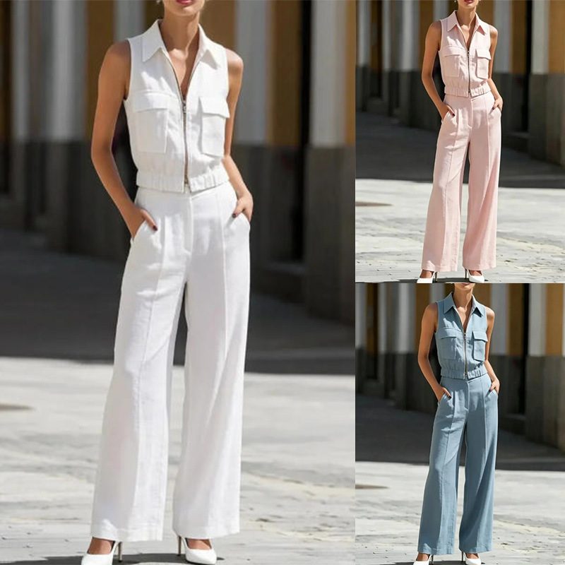 Women's Sleeveless Zip Cargo Top & Wide-Leg Pants Set