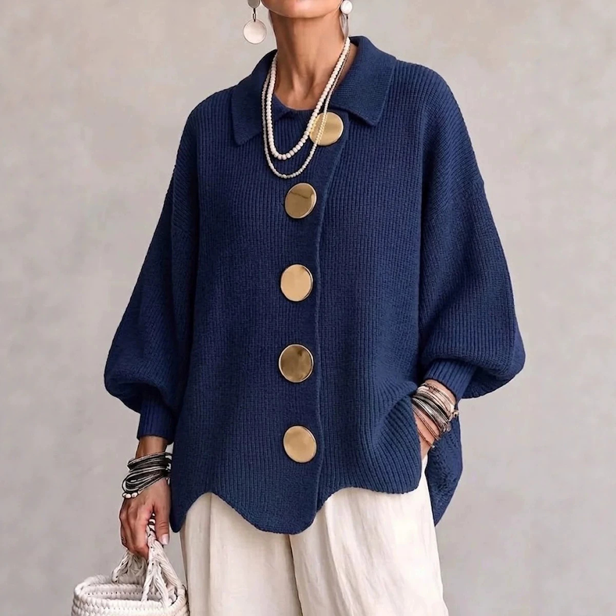 Women's Knit Round Neck Long Sleeve Cardigan Sweater
