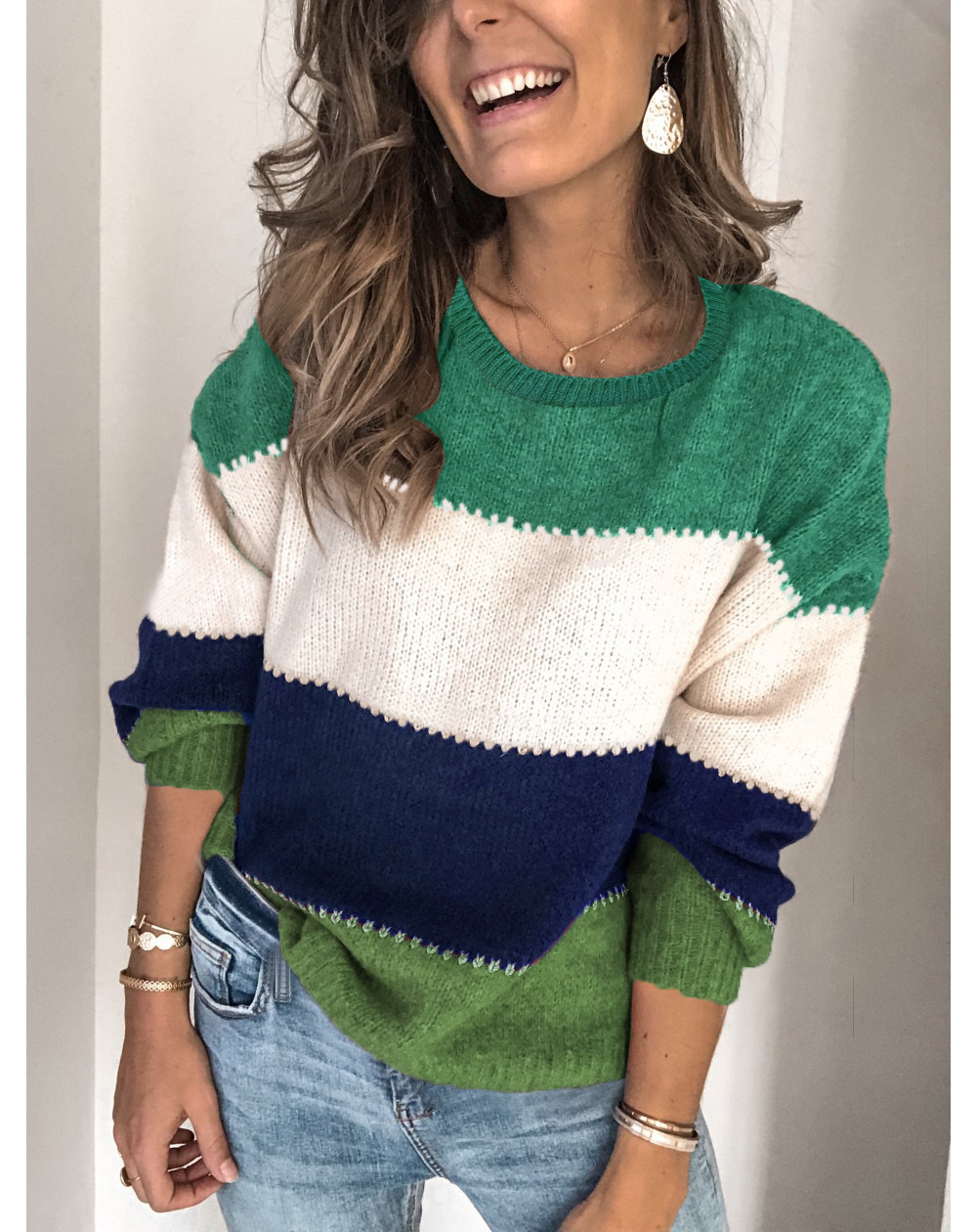 Women's Color-Block Crewneck Midi Loose Knit Sweater