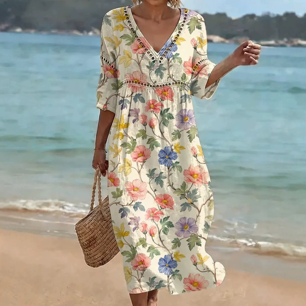 Women's Floral Print Pleated Midi Dress with Deep V-Neck and Five-Quarter Sleeves