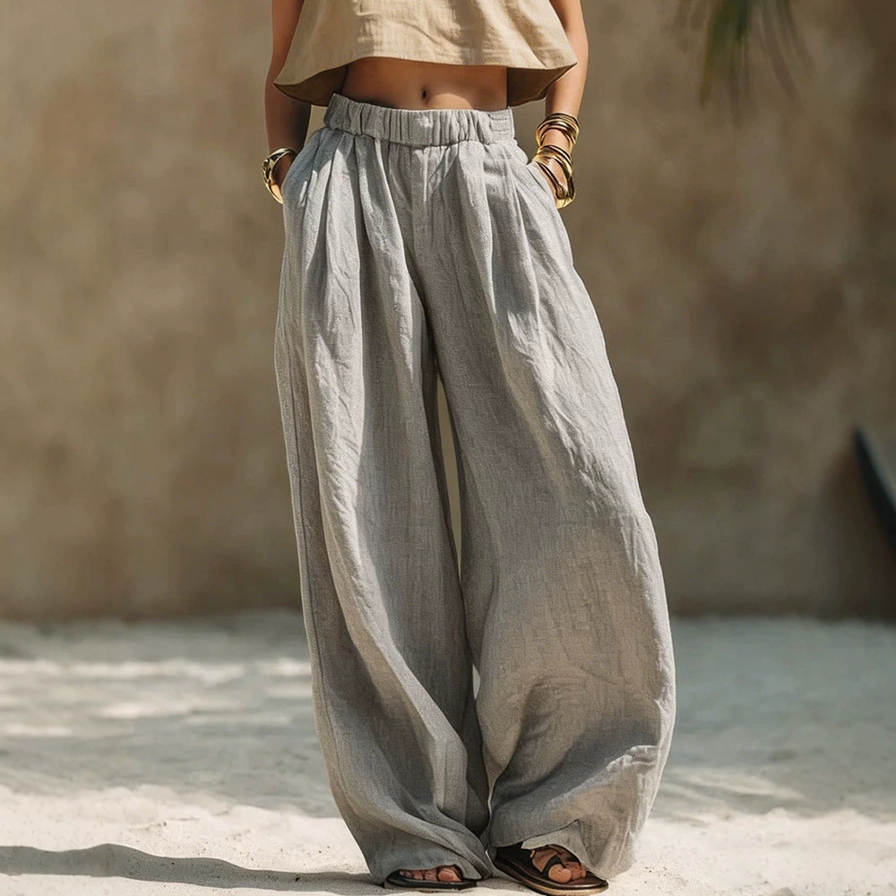 Women's Cotton-Linen Wide-Leg Pants Solid Color Elastic Waist Loose Casual