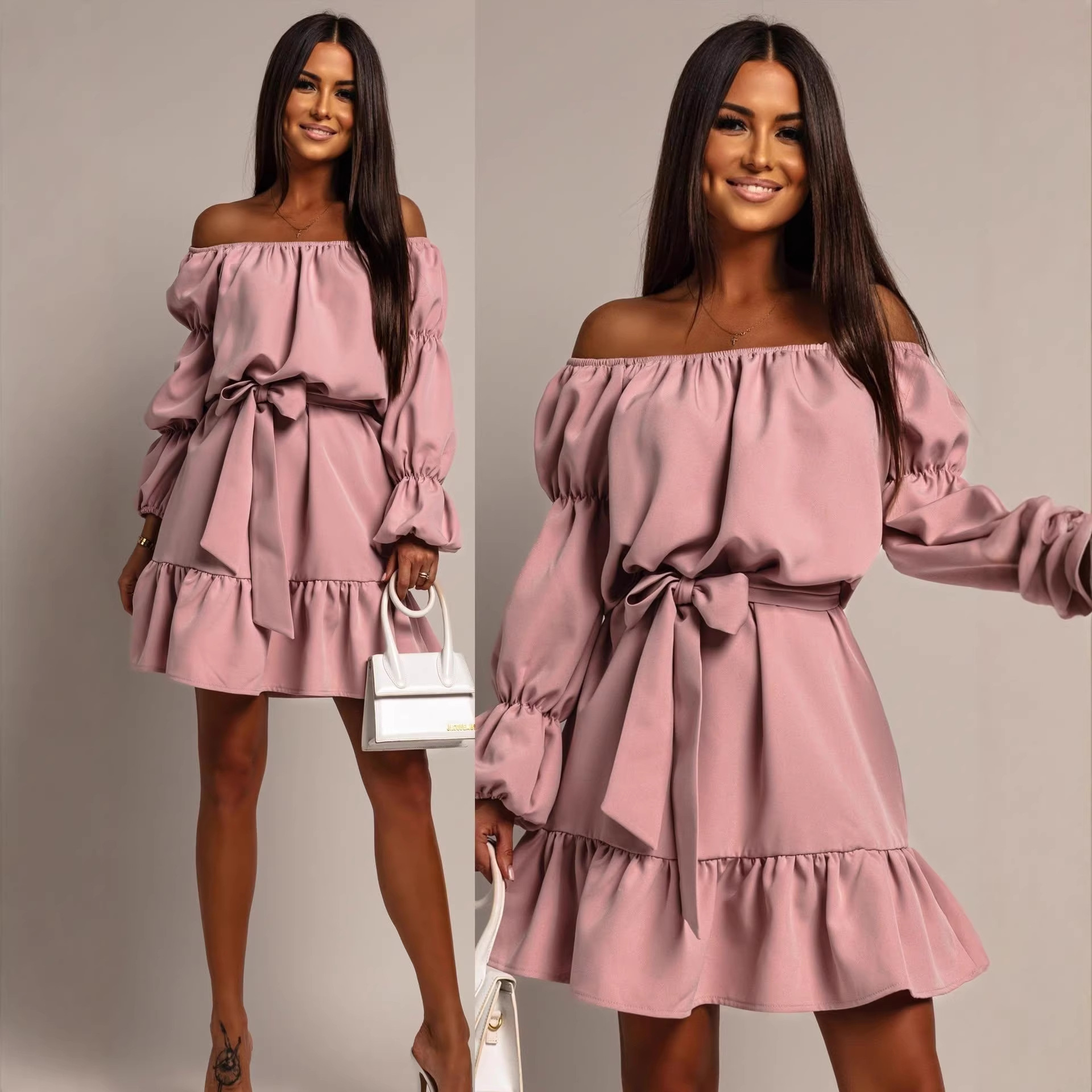 Off-Shoulder Lantern Sleeve High Waist Short Dress