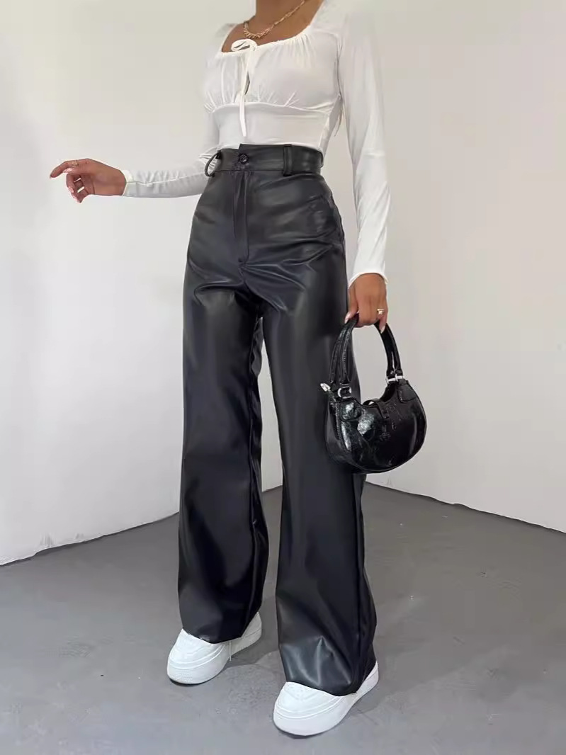 High-Waist Straight-Leg Faux Leather Pants