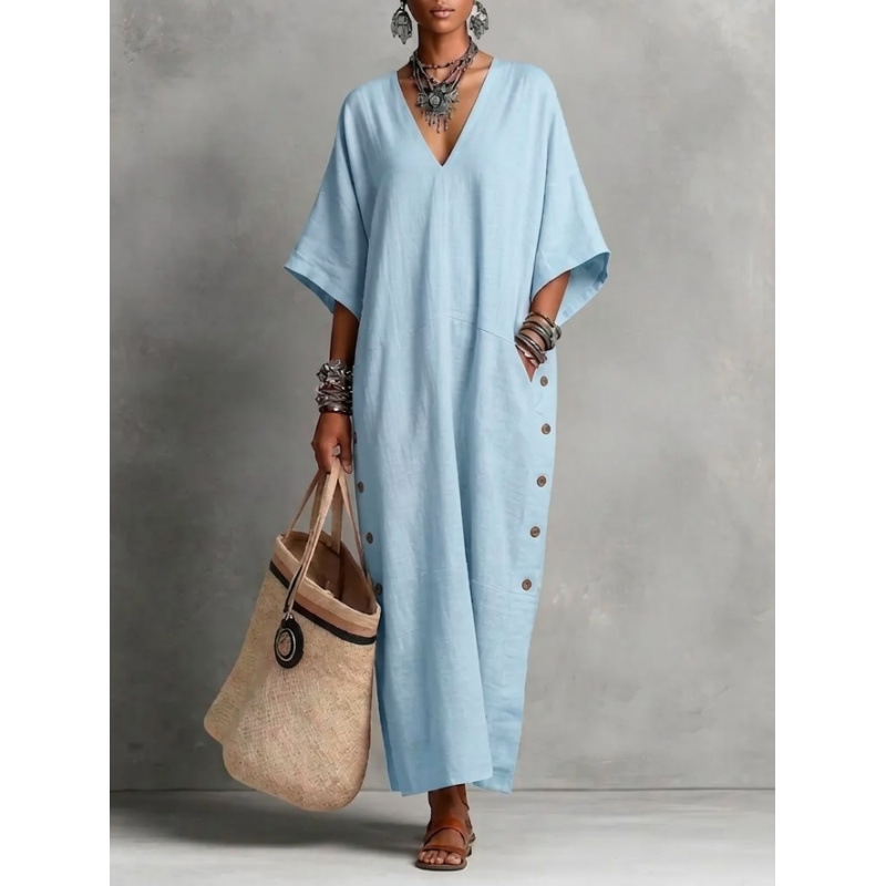 Cotton Linen Loose V-Neck Side Button Casual Long Dress