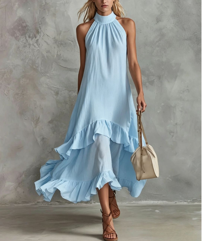White Sleeveless Ruffle Midi Beach Dress