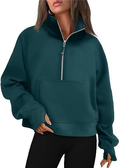 Women's Half-Zip Cropped Stand Collar Fleece-Lined Solid Hoodie