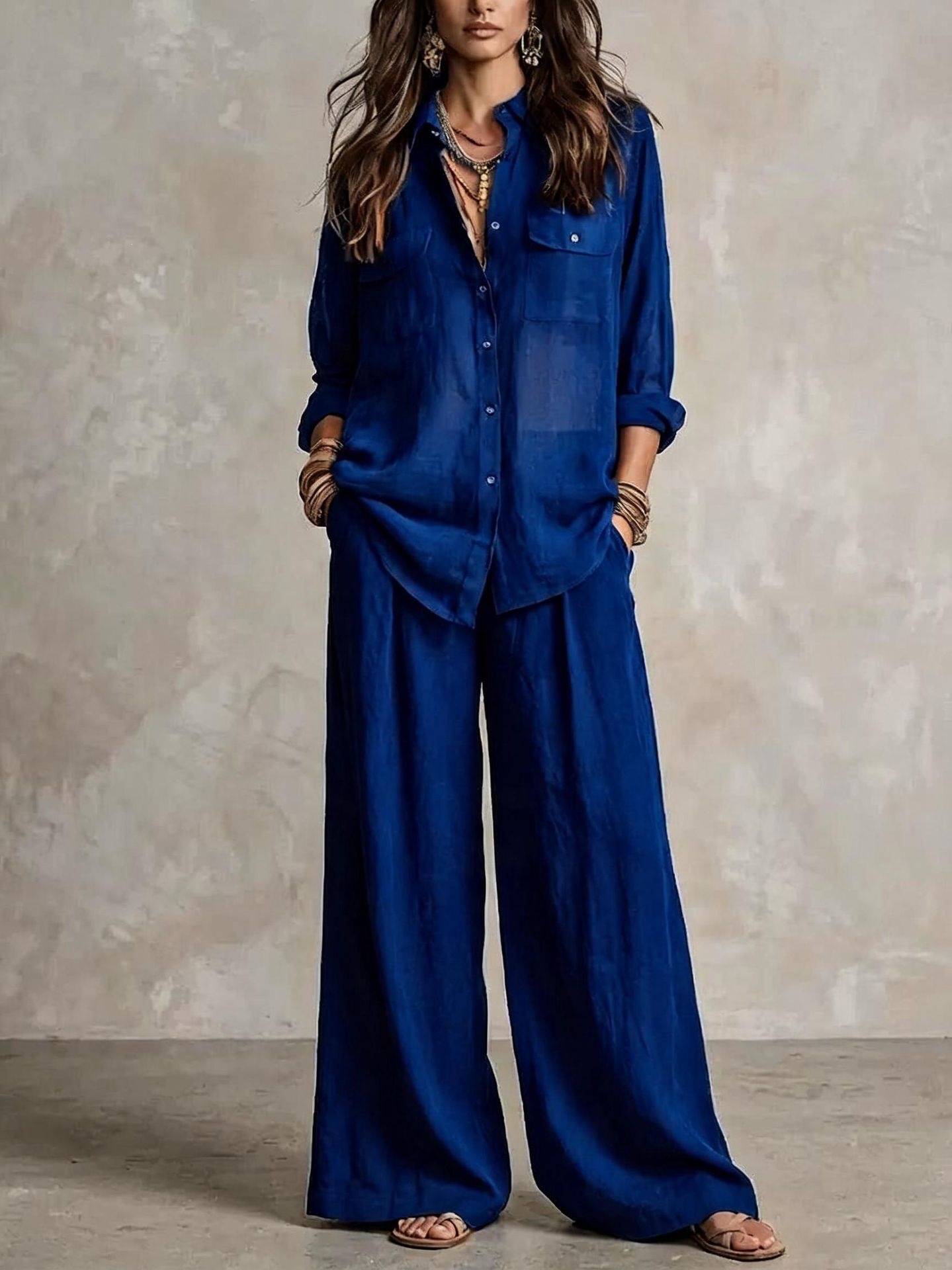Linen Blend Long Sleeve Shirt and Wide Leg Pants Set