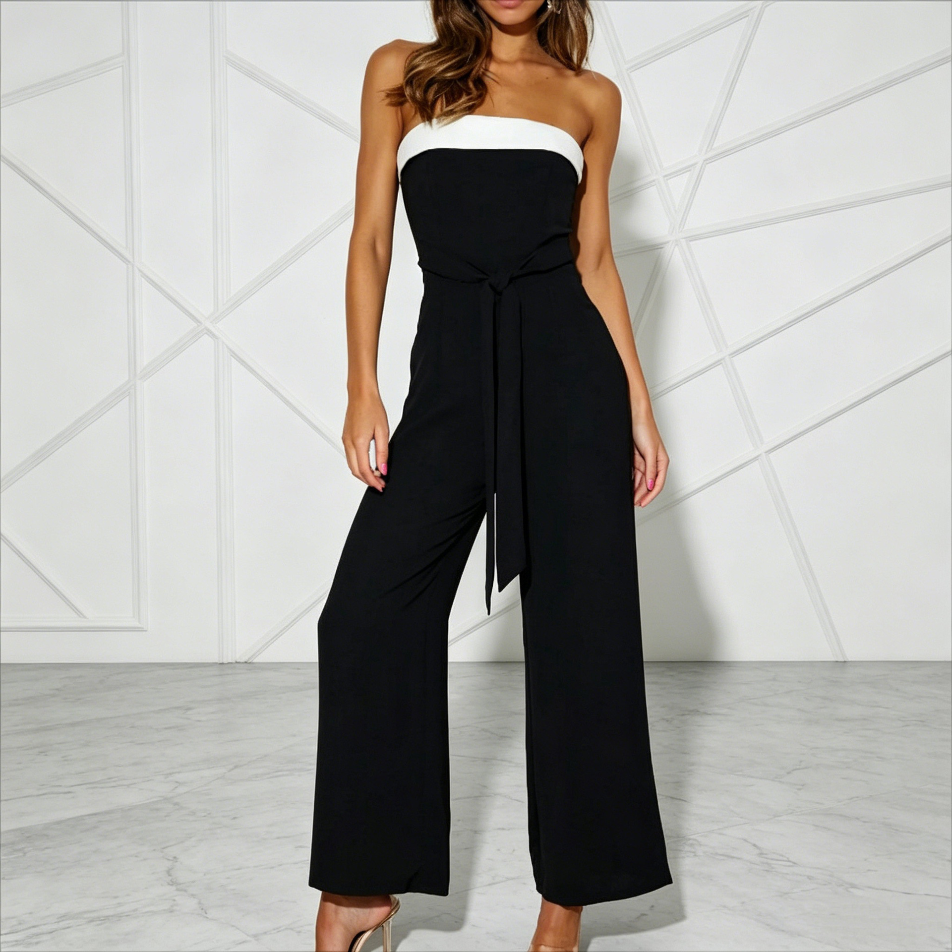 Women's Colorblock Off-Shoulder Belted Long Jumpsuit