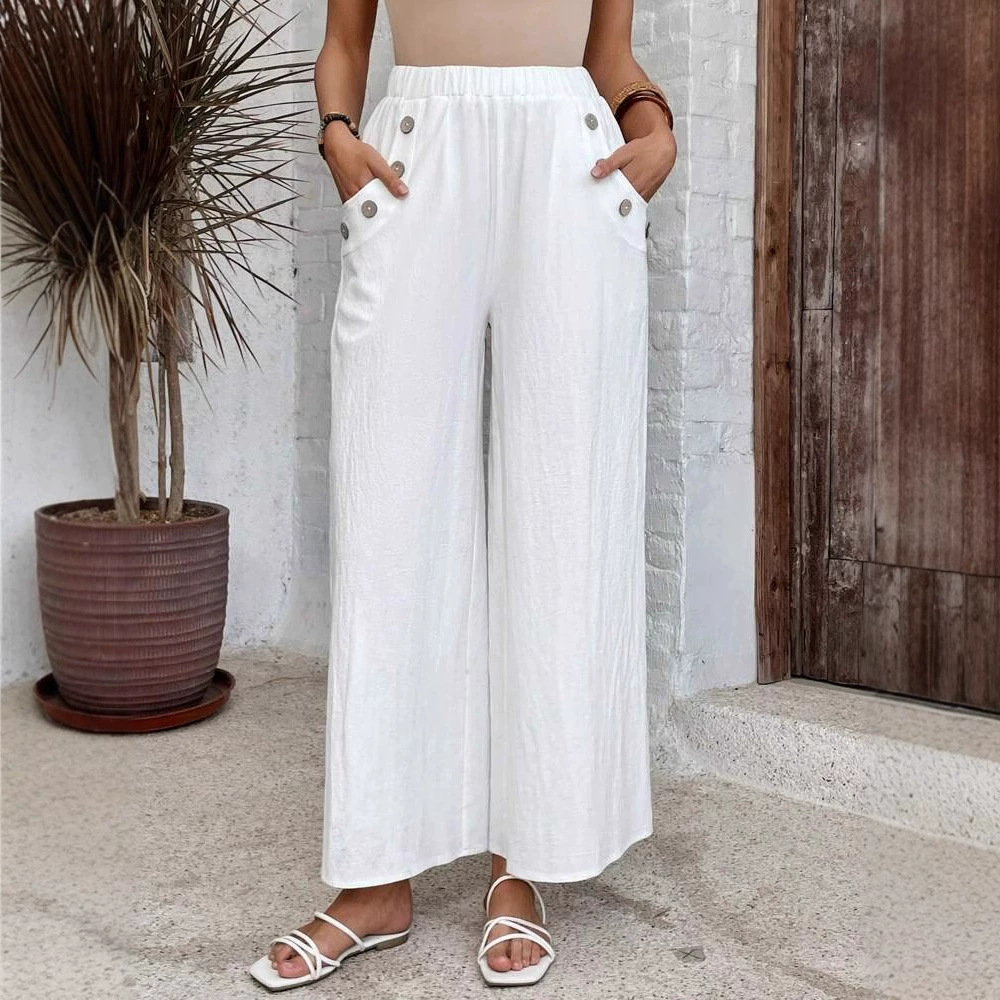 Women's High-Waist Cropped Straight-Leg Pants with Button and Pockets