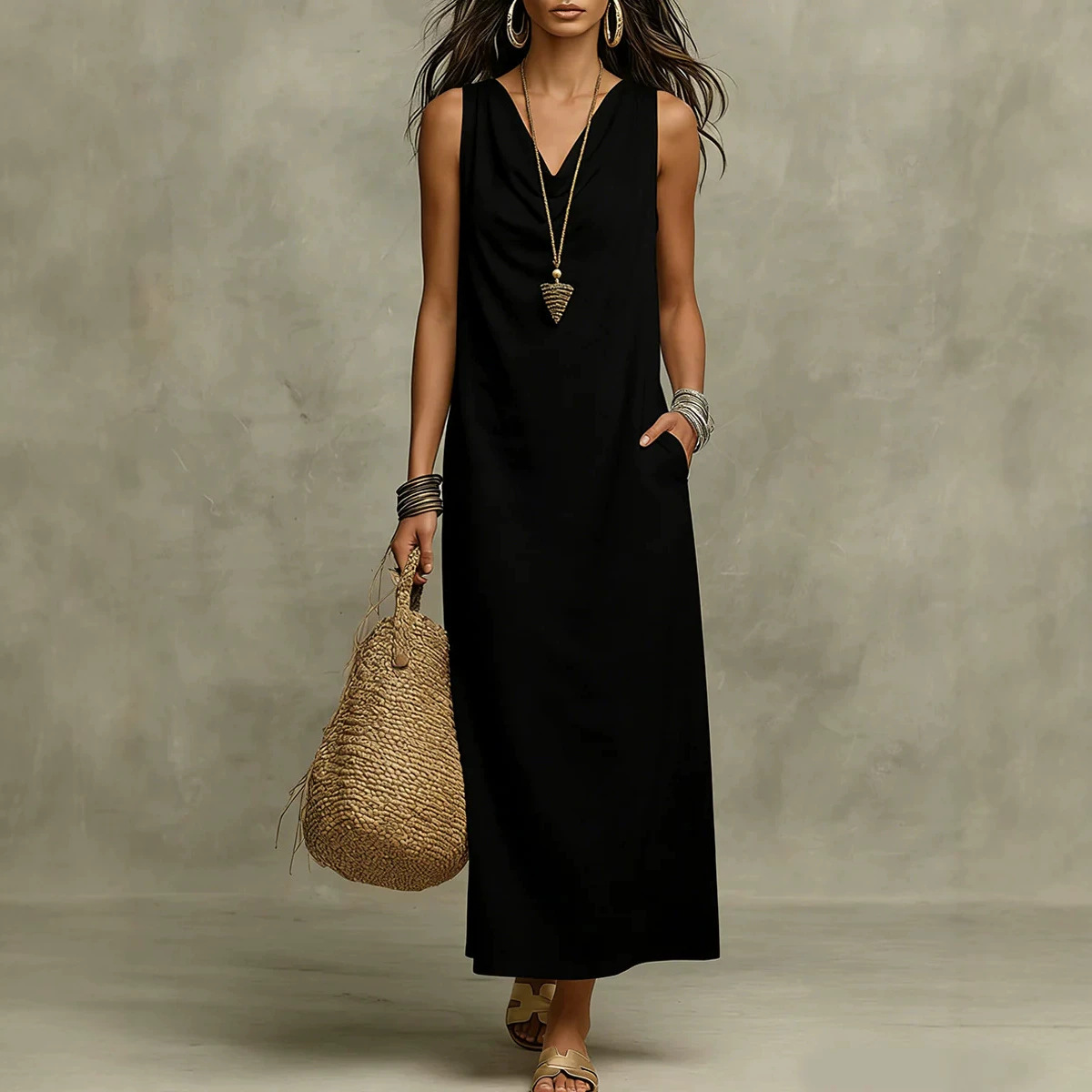 Women's Summer Cowl Neck Loose Pocket Casual Dress