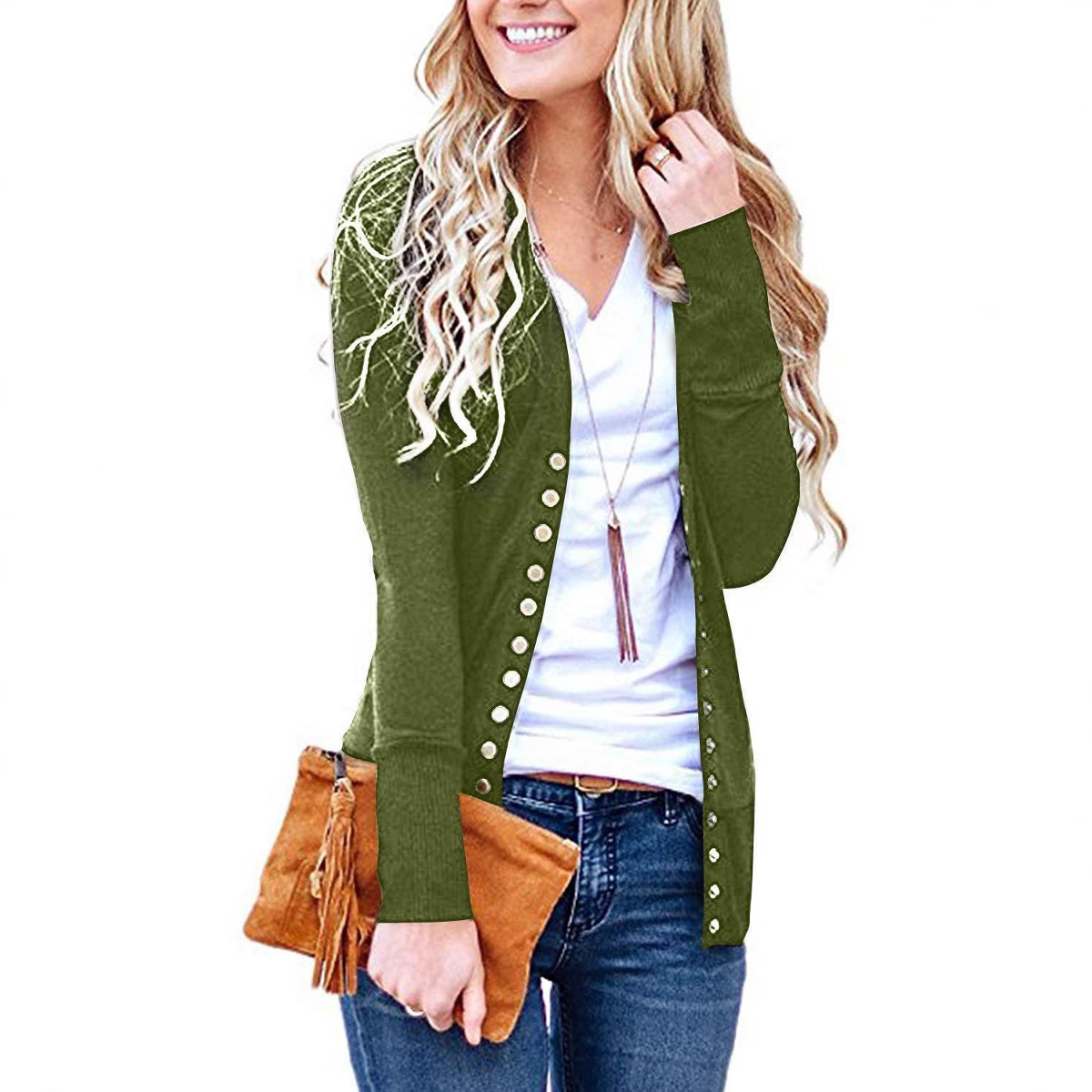 Women's Short Solid V-Neck Long-Sleeve Button Cardigan