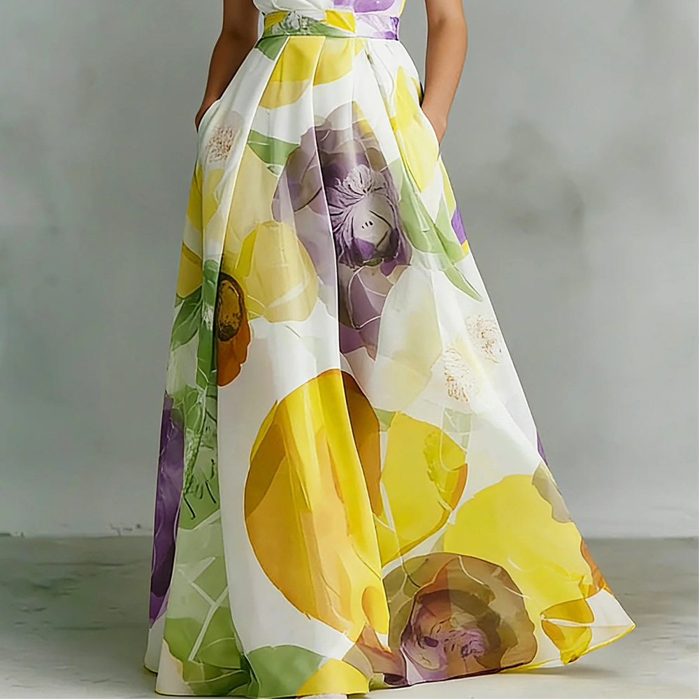 Women's Floral Print Deep V-Neck Short Sleeve Maxi Dress