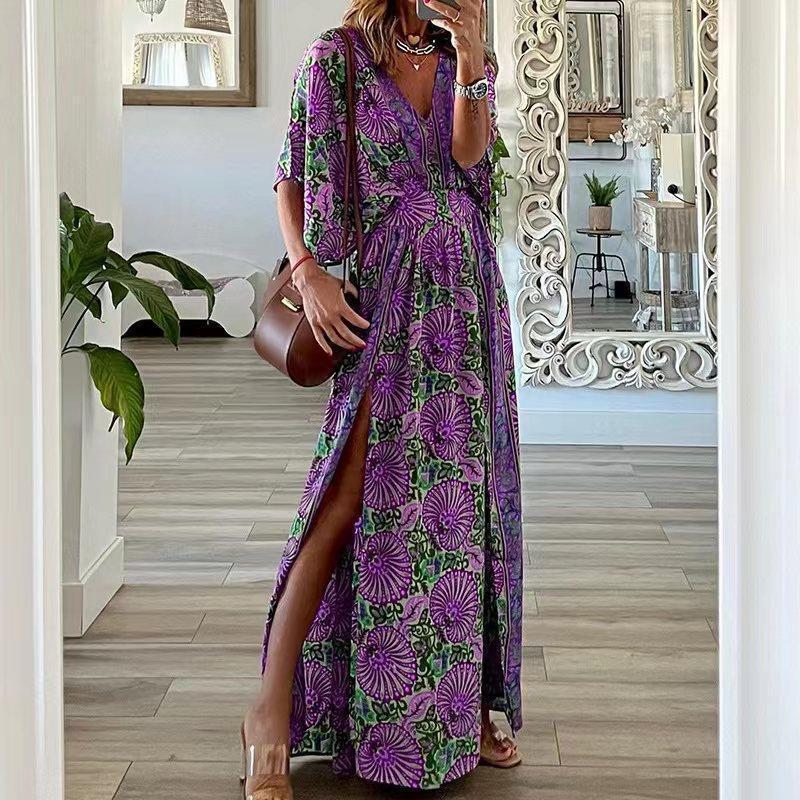 Bohemian Floral Print V-Neck Short Sleeve Side Slit Maxi Dress
