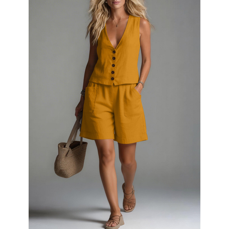 Women's Cotton-Linen Sleeveless Vest & Wide-Leg Shorts Two-Piece Set