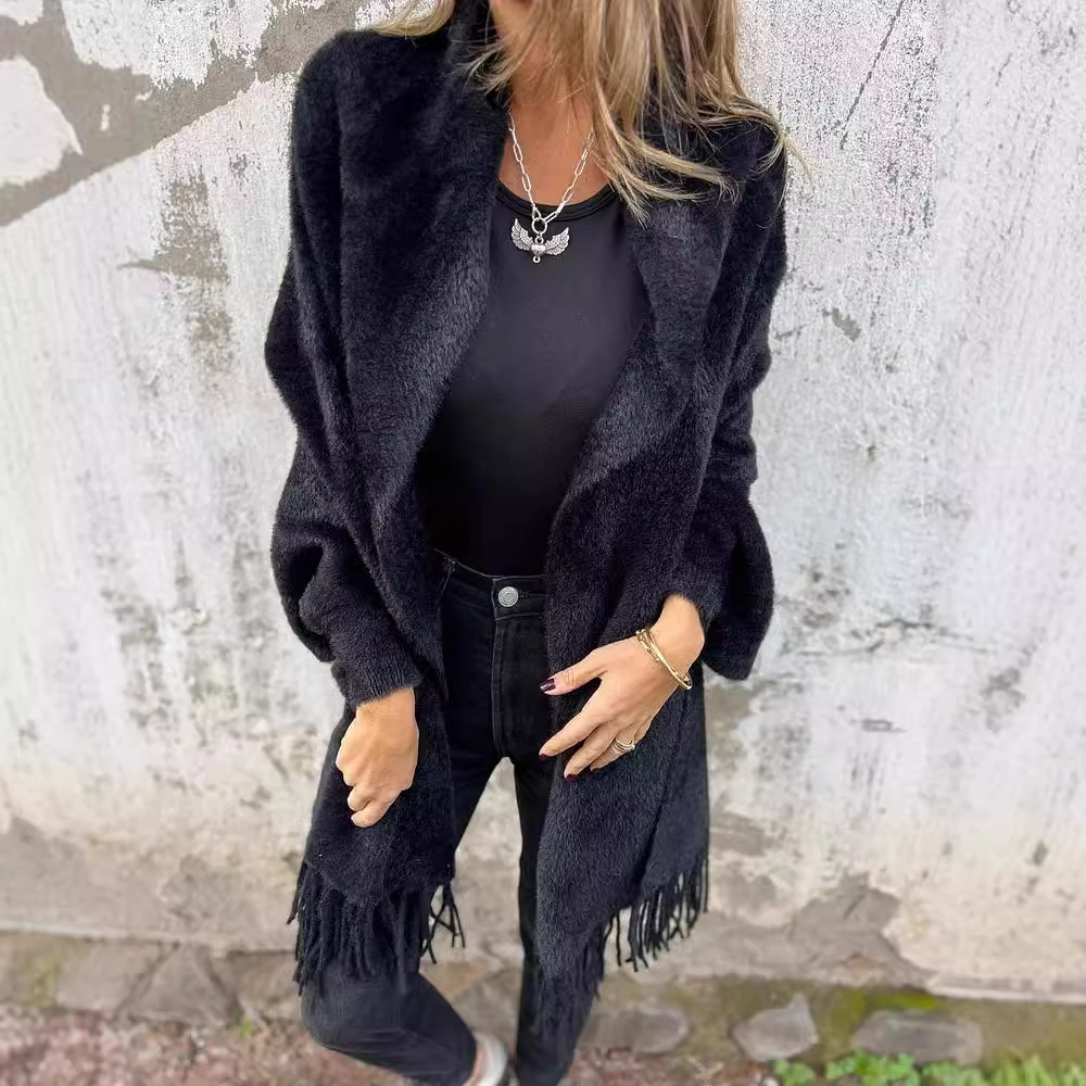 Casual Knit Faux Fur Fringe Shawl Cardigan
