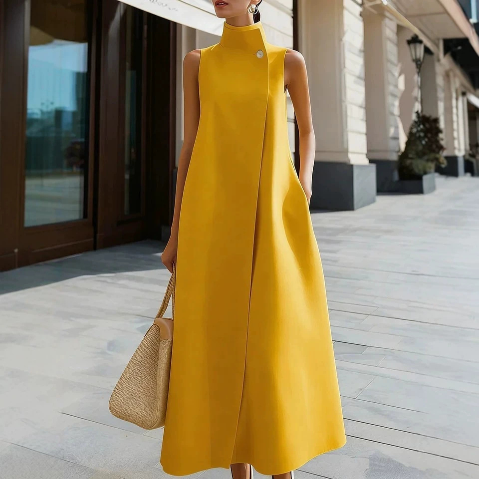 Elegant Stand Collar Sleeveless A-Line Midi Dress