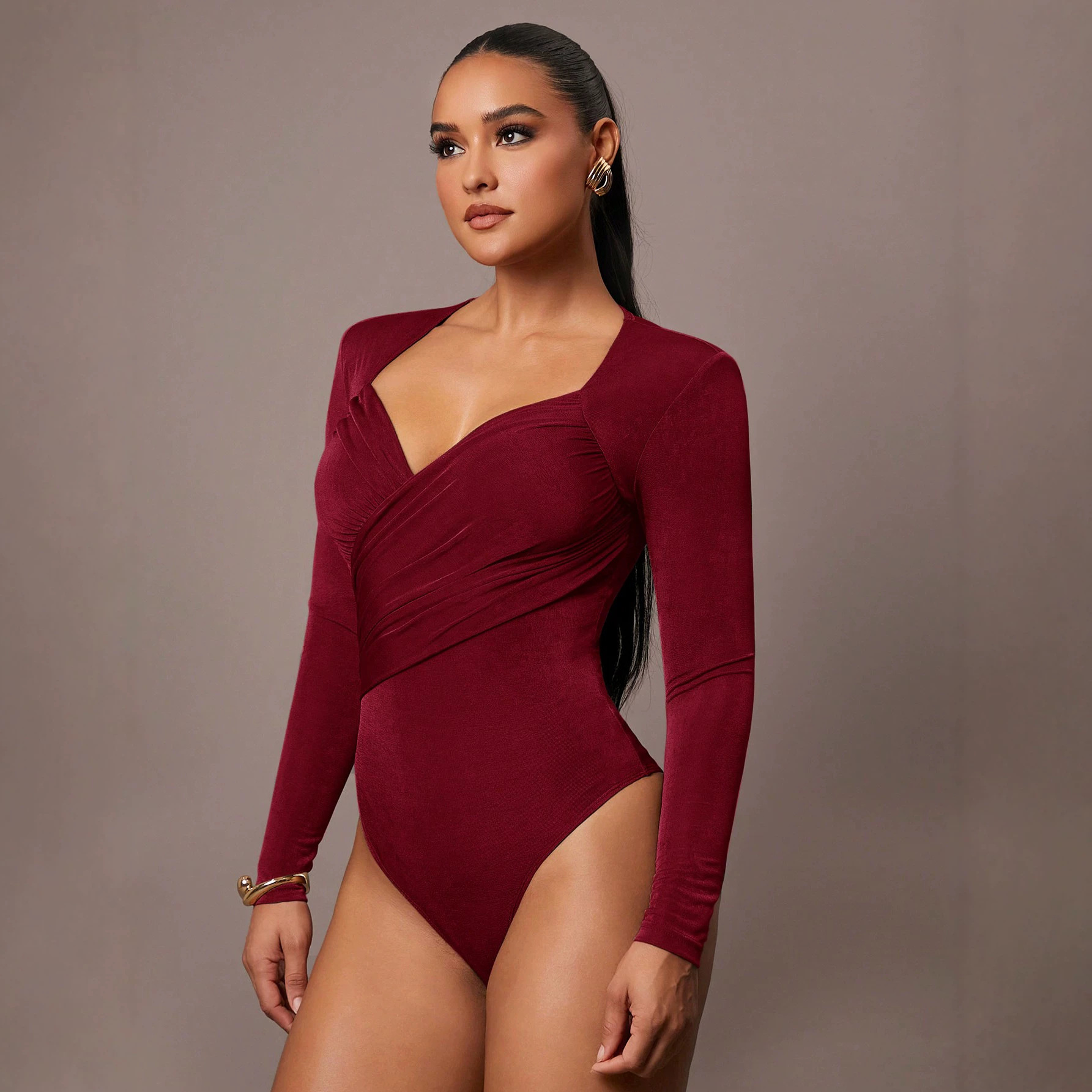 Velvet V-Neck Cross Ruched Slimming Bodysuit
