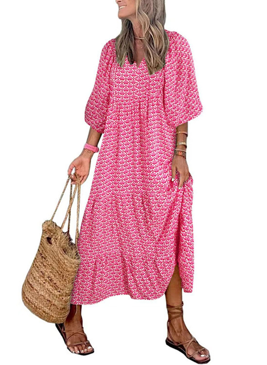 Geometric Print Puff Sleeve Maxi Dress with High Waist and Tie Detail