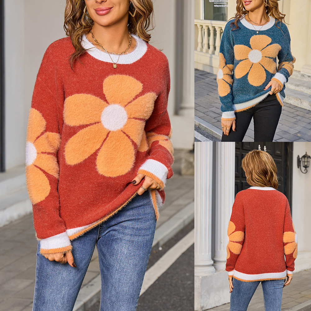 Floral Faux Mink Knit Sweater Long Sleeve Crew Neck Pullover