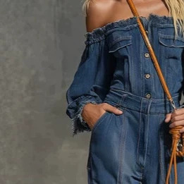 Off-Shoulder Wide-Leg Denim Jumpsuit with Pockets
