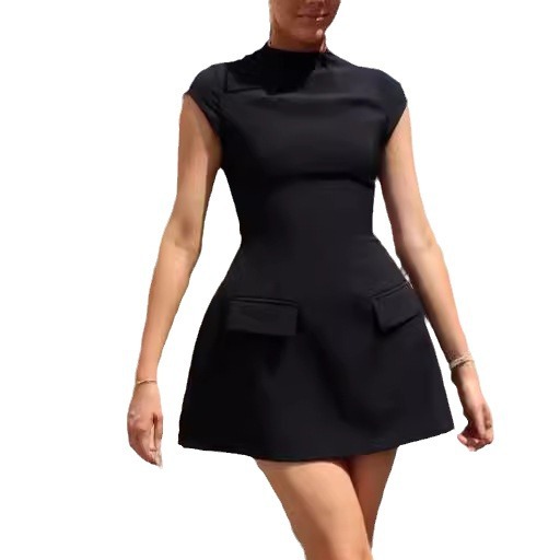 Solid Crewneck Pocket Cinched Waist A-Line Dress