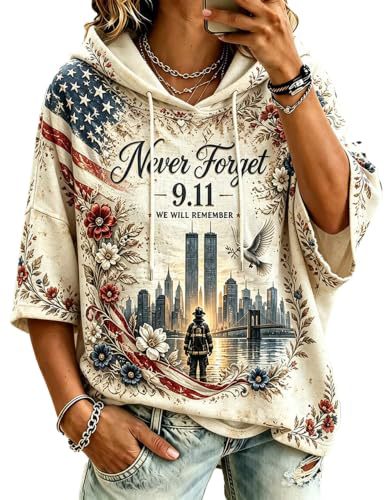 Women's Casual Hoodie with American Twin Towers Print