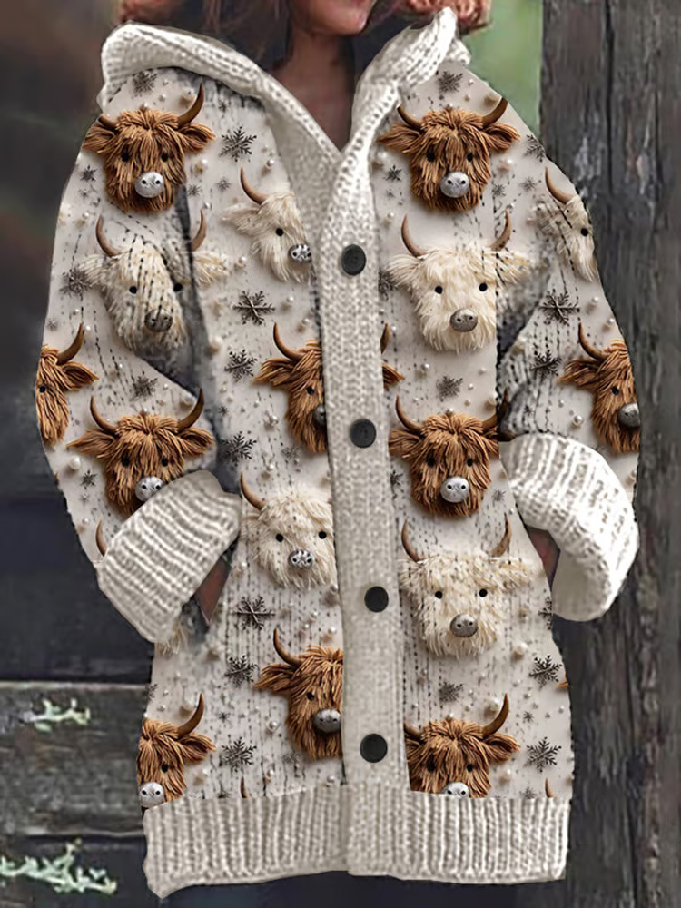 Women's Floral Puppy Rose Print Hooded Button Cardigan Sweater