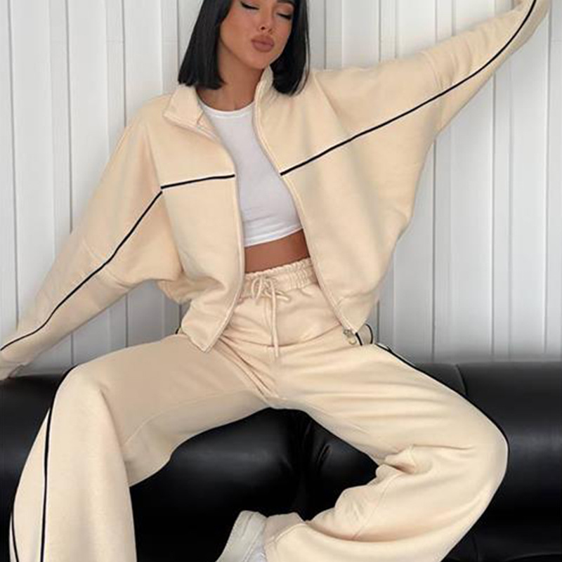 Women's Casual Two-Piece Set: Half-Turtleneck Zip Cardigan Sweatshirt & Striped Drawstring Pants