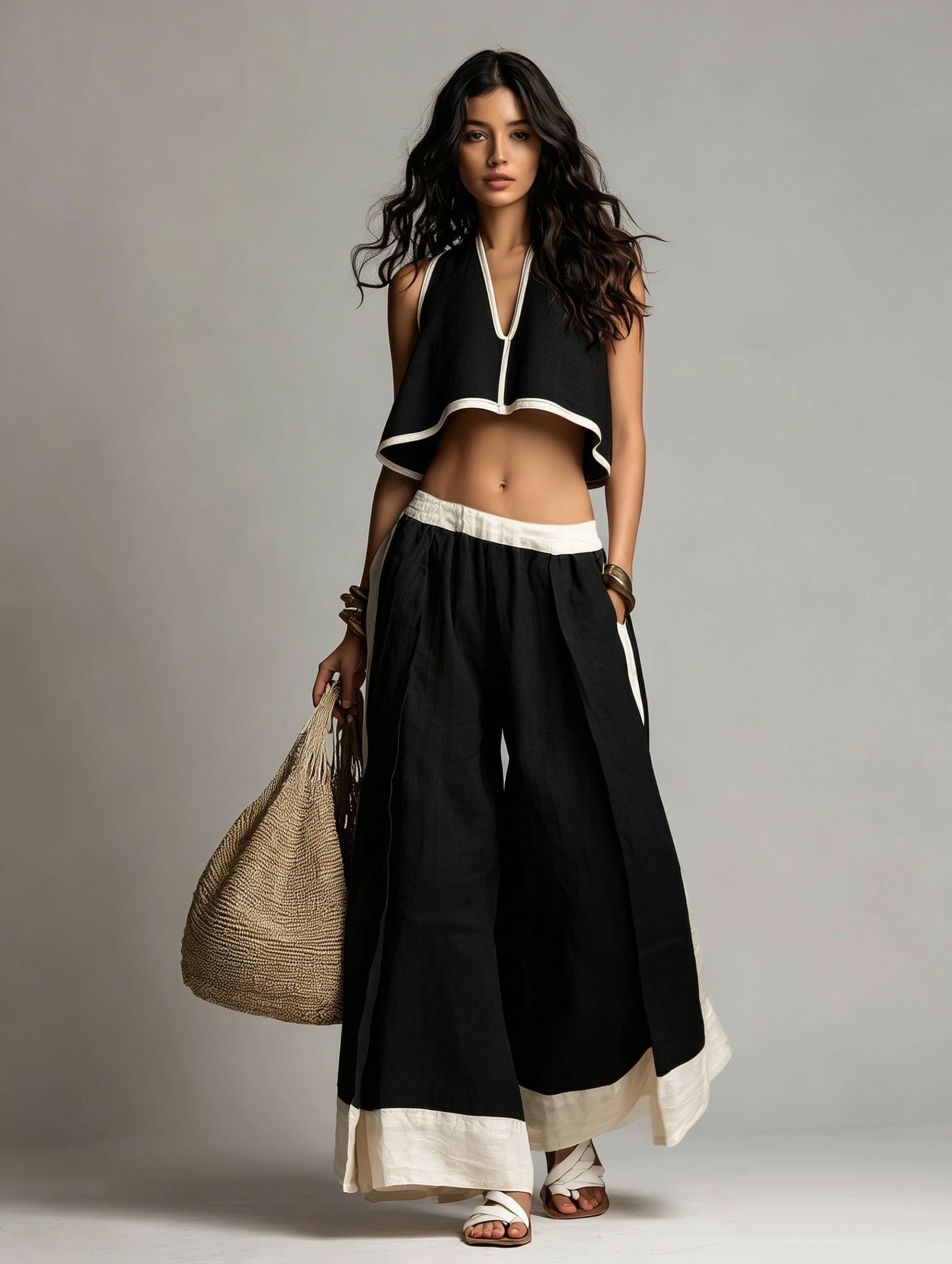 Women's Sleeveless V-Neck Crop Top & Wide-Leg Pants Set