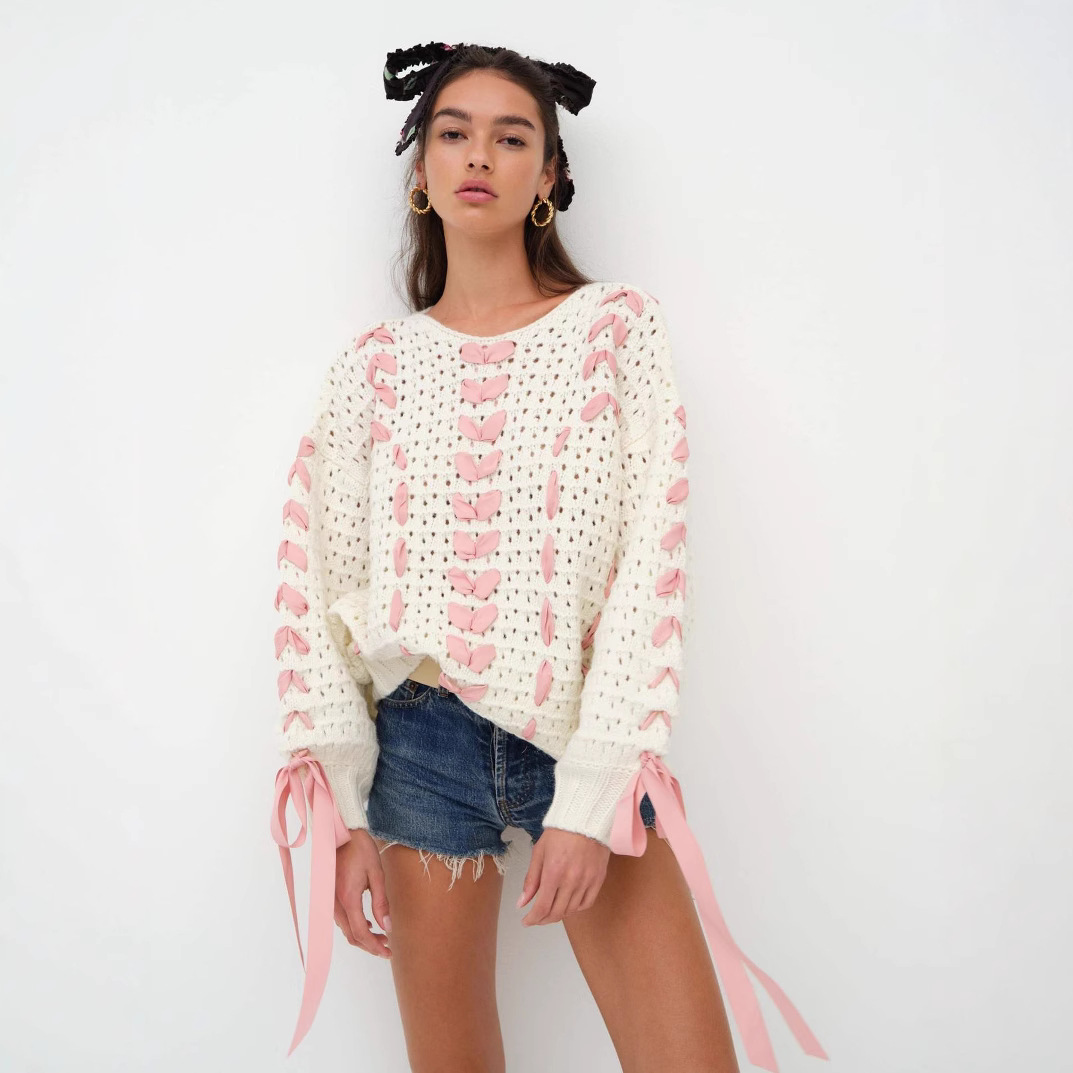 Ribbon-Trim Crewneck Sweet Pullover Sweater