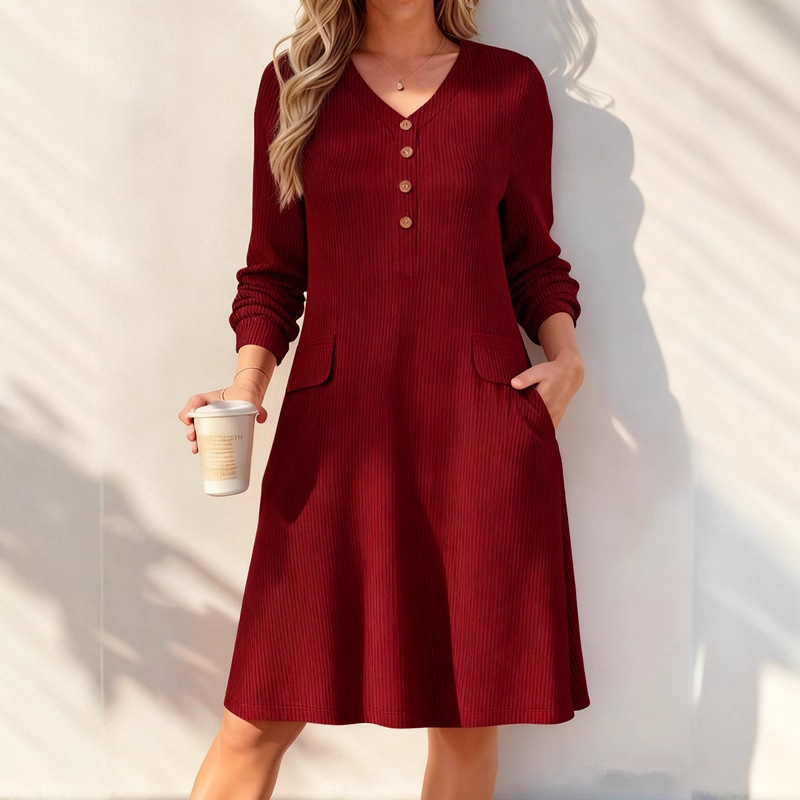 V-Neck Button-Front Ribbed Knit Midi Dress