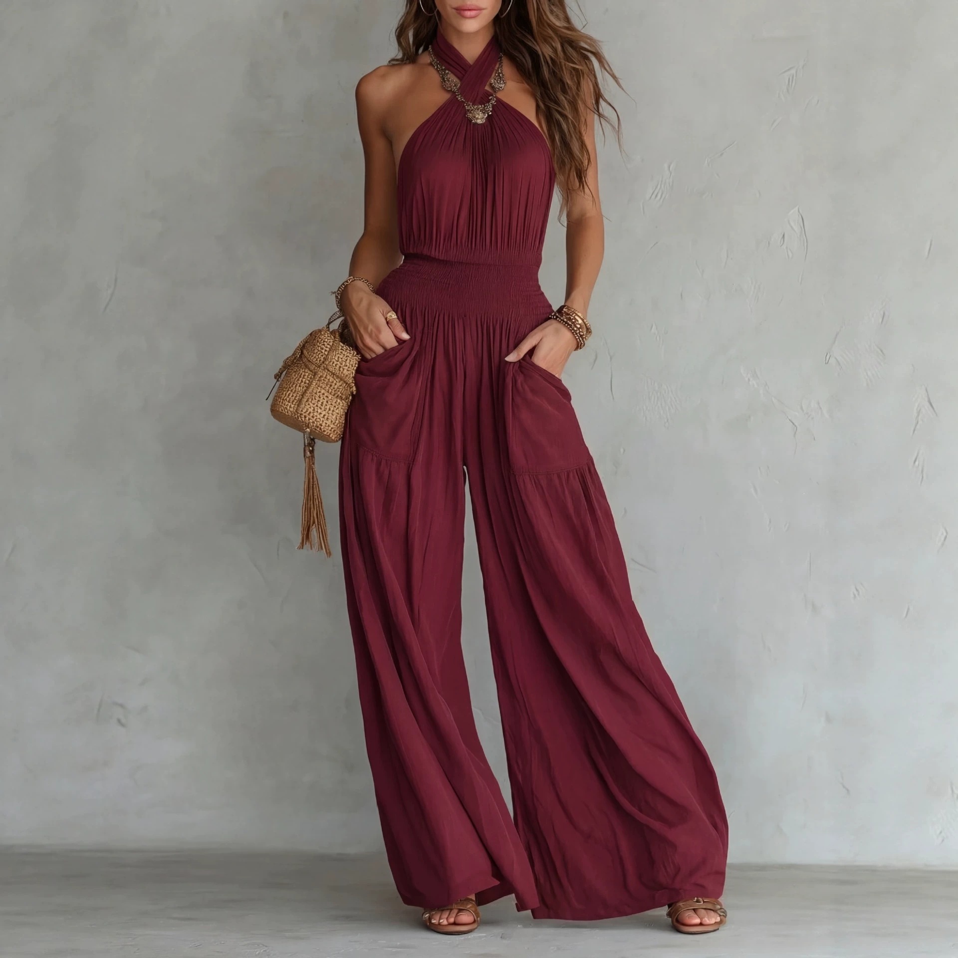 Bohemian Open-Back Sleeveless Wide-Leg Jumpsuit with Smocking and Pockets
