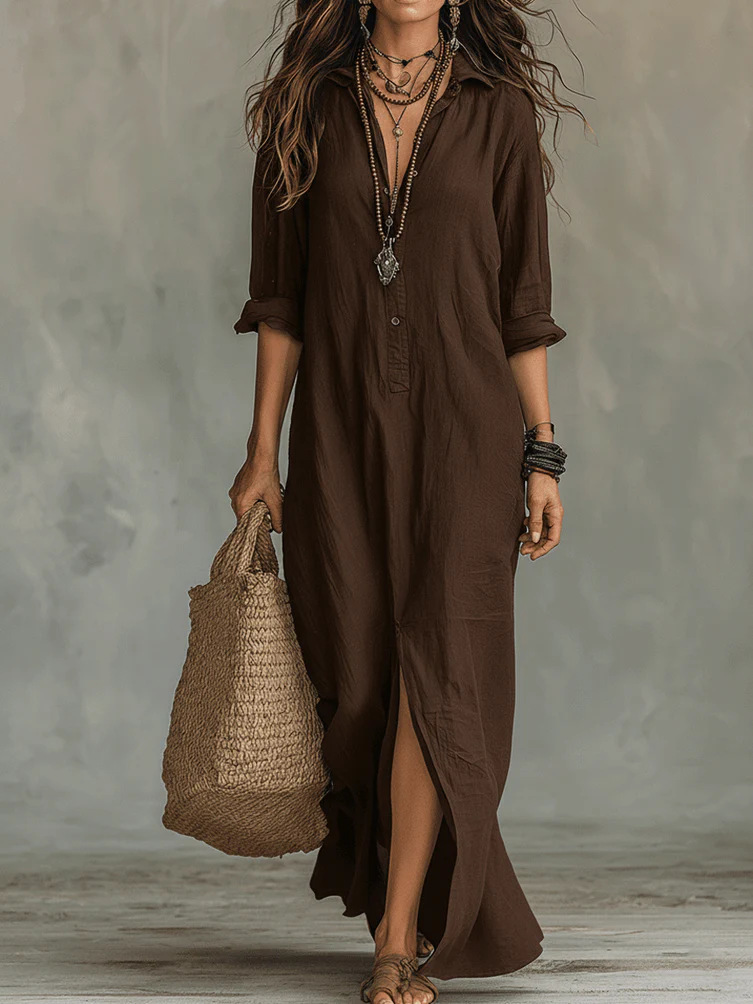 Women's Casual Solid Color Lapel Front Slit Long Dress