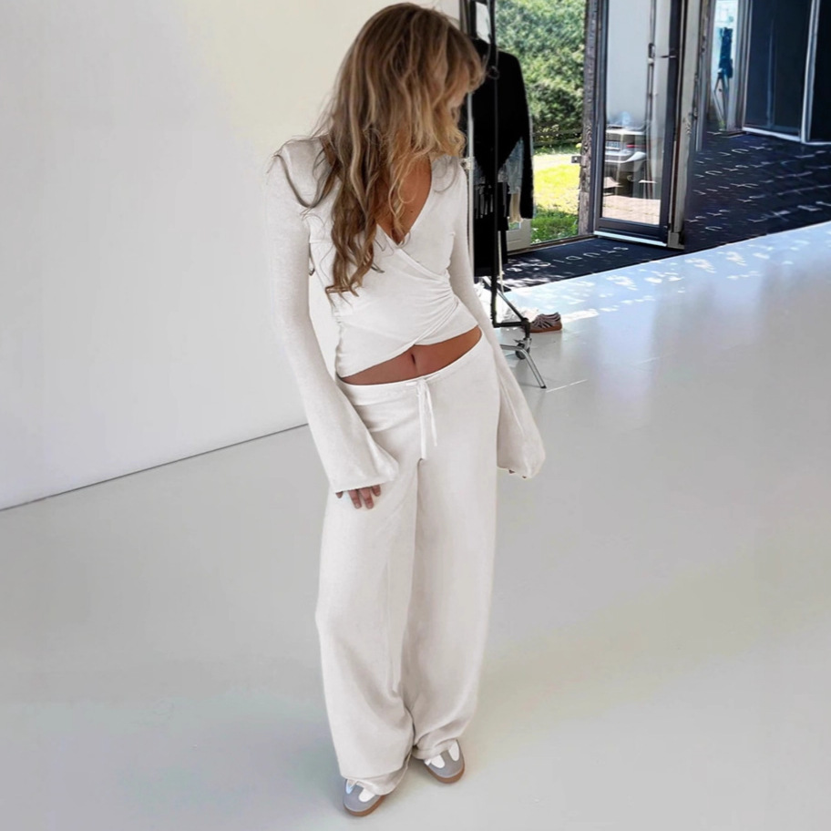 Women's Fleece-Lined Long-Sleeve Tie-Front Top & Drawstring Straight-Leg Pants Set