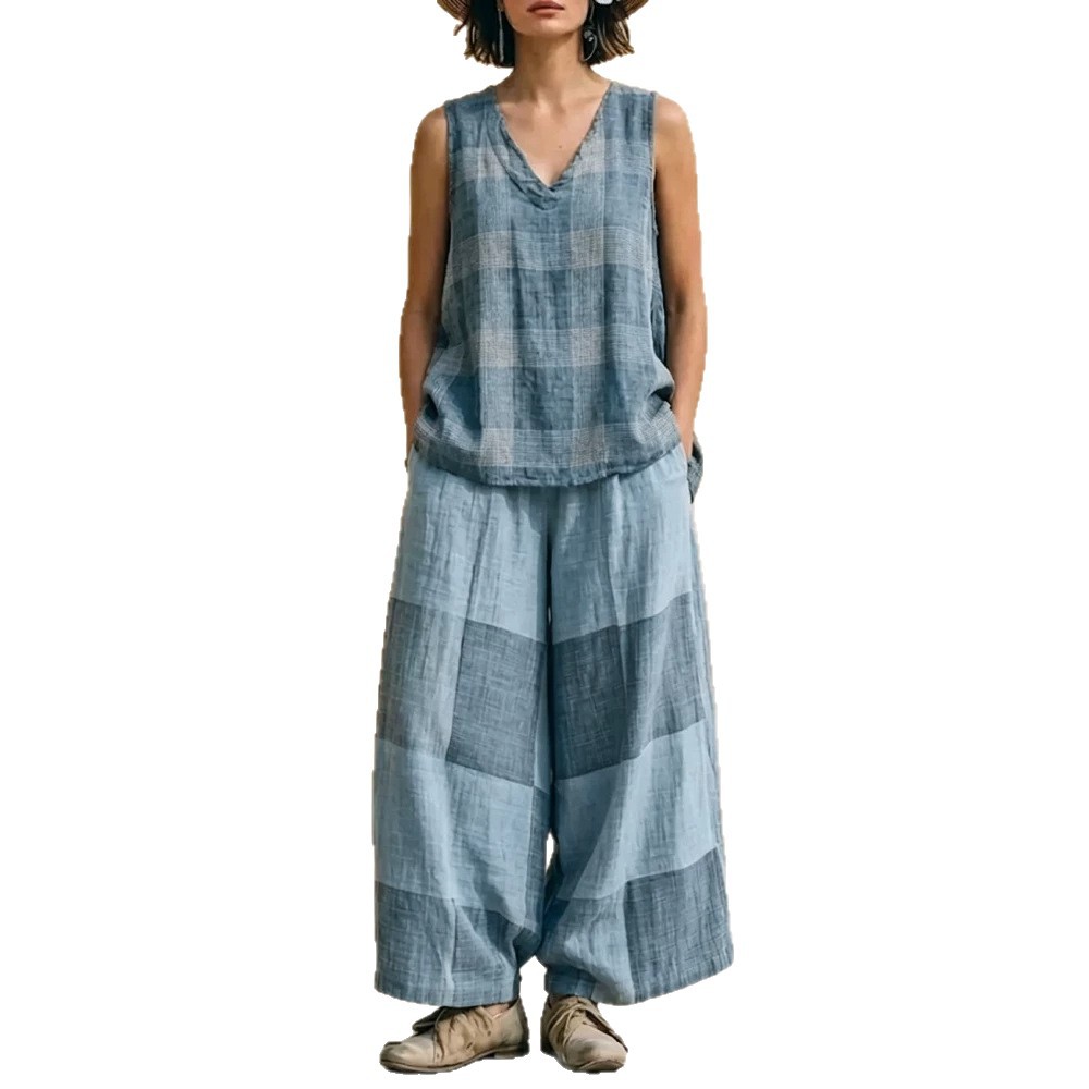 Women's Plaid Sleeveless Top and Wide-Leg Pants Two-Piece Set