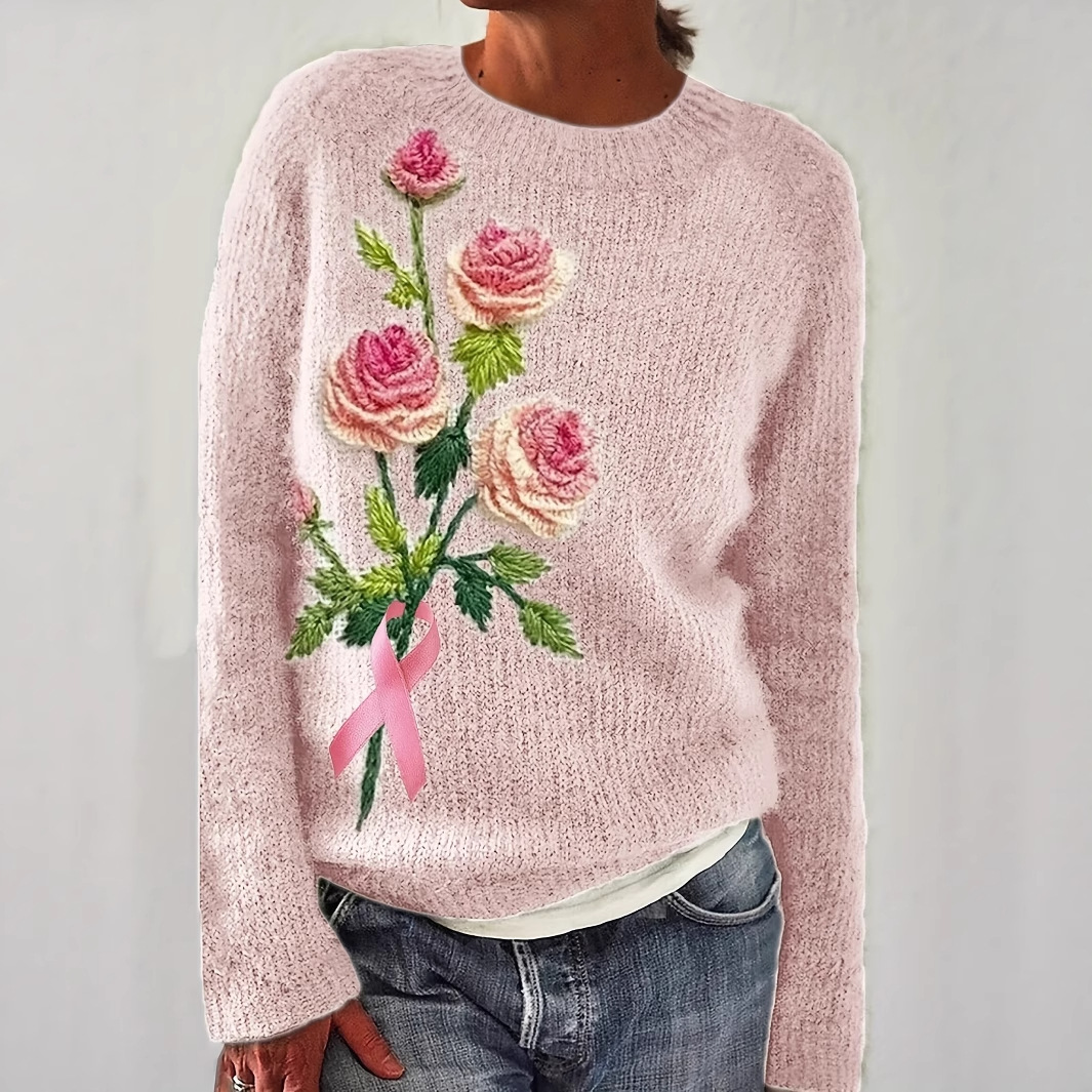 Women's 3D Floral Knit Sweater Crew Neck Long Sleeve Pullover