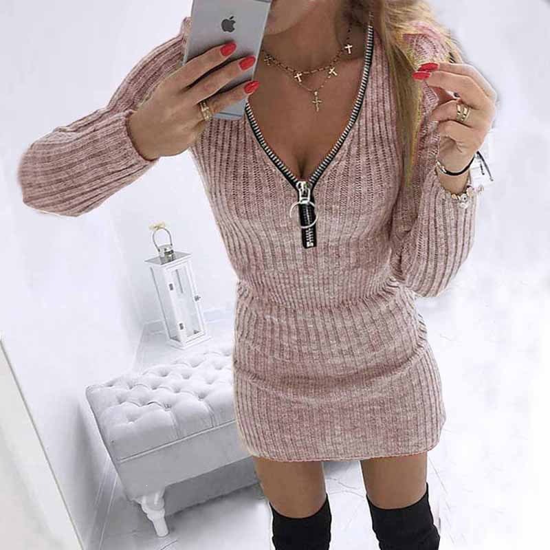 Slim Fit Bodycon Dress with Half Zip V Neck Long Sleeve