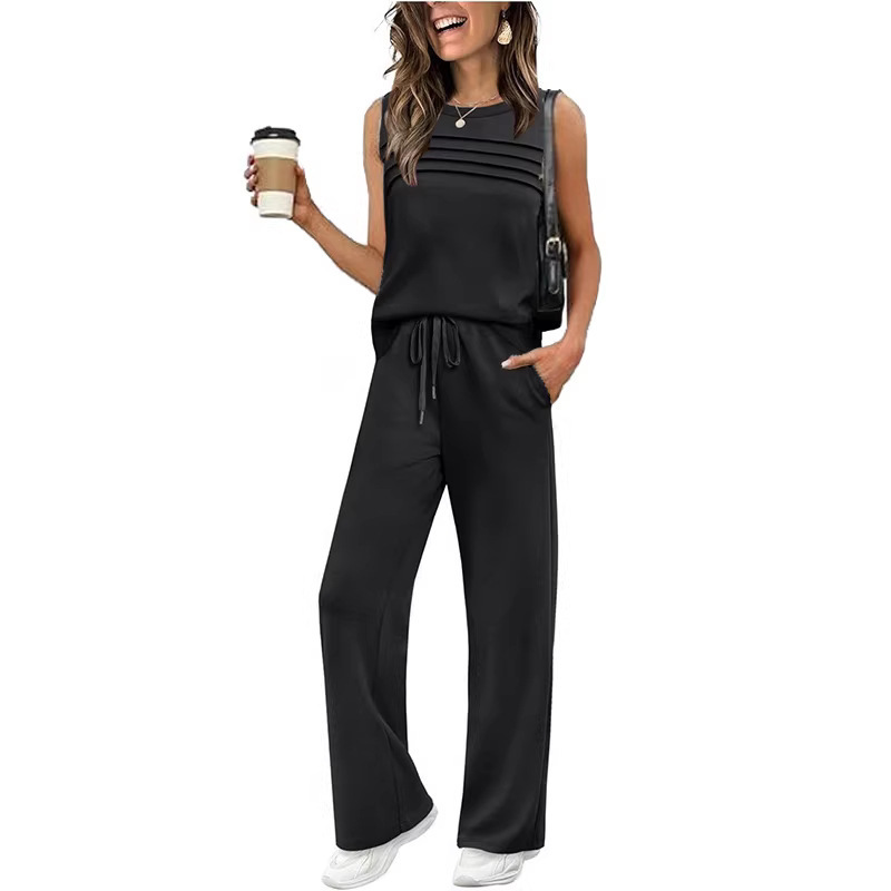 Women's Textured Sleeveless Vest & Wide-Leg Pants Set with Drawstring Pockets