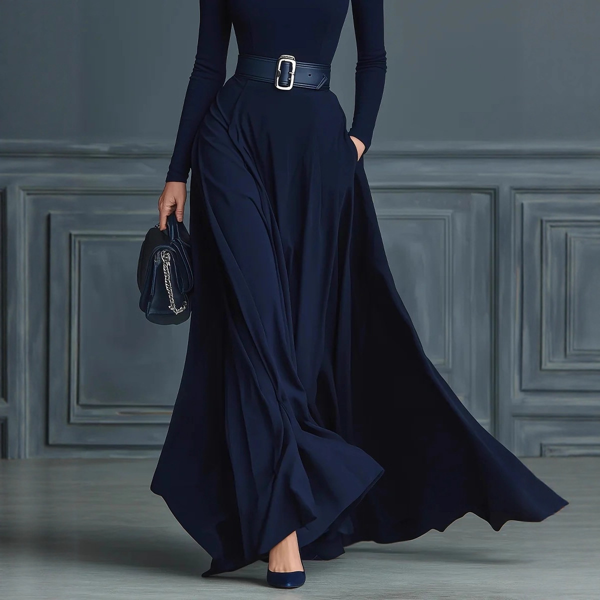 Women's Long Sleeve Solid High Neck High Waist Long Dress