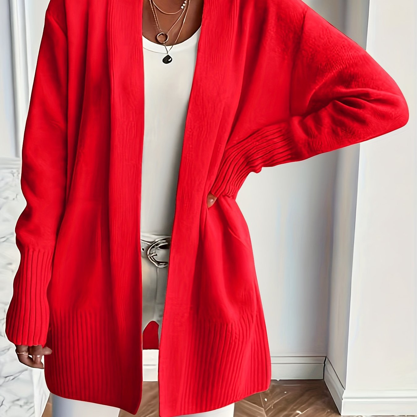 Plus Size Women's Knit Open-Front Cardigan with Pockets