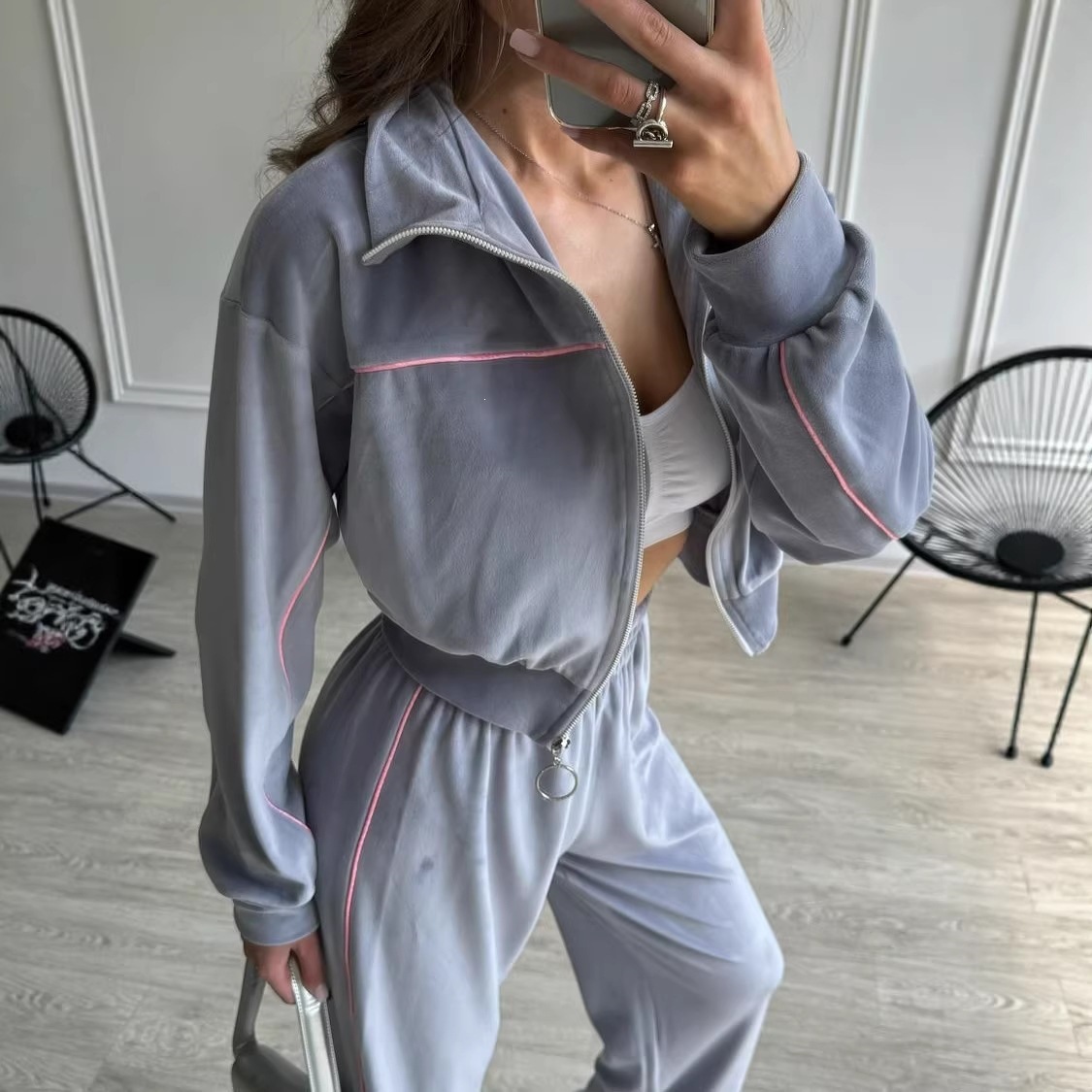 Women's Striped Two-Piece Set Long Sleeve Zip Cardigan & Elastic Wide-Leg Pants