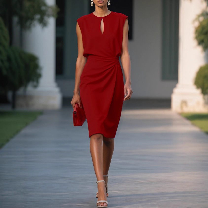 Women's Vintage Cross Solid Color Knotted Round Neck Cutout Dress