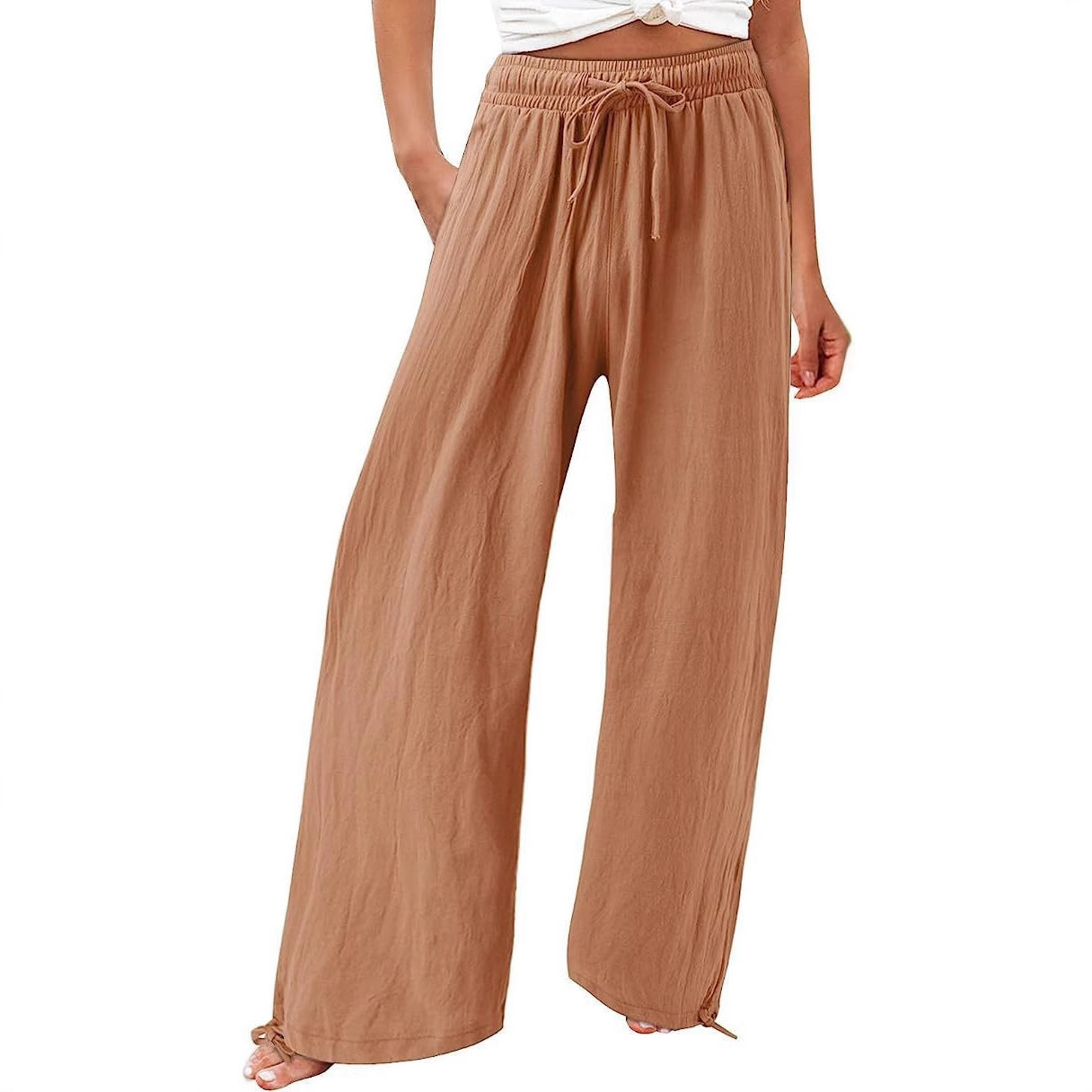 Women's High-Waist Wide-Leg Solid Pants with Elastic Waist
