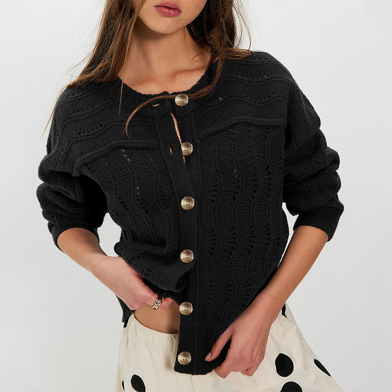 Women's Casual Knit Cardigan Sweater, Loose Fit Crew Neck Long Sleeve